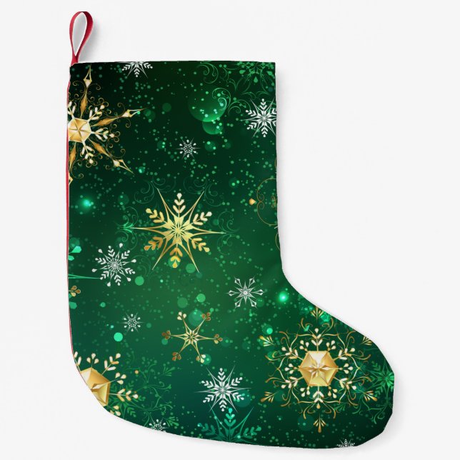 Goldene Schneeflocken im grünen Hintergrund Kleiner Weihnachtsstrumpf (Vorderseite)
