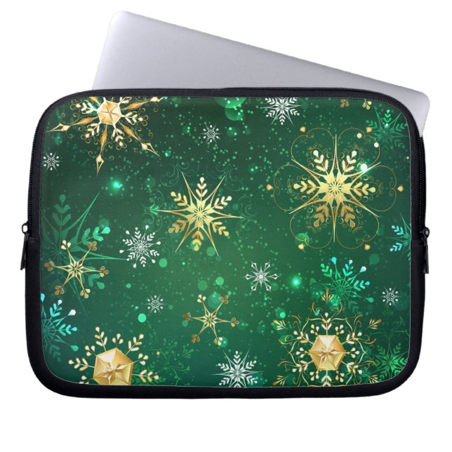 Goldene Schneeflocken im grünen Hintergrund Laptopschutzhülle (Vorderseite)