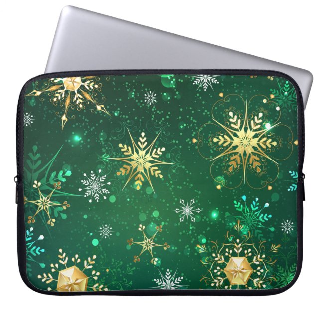 Goldene Schneeflocken im grünen Hintergrund Laptopschutzhülle (Vorderseite)