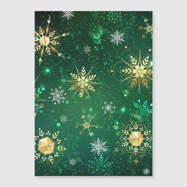 Goldene Schneeflocken im grünen Hintergrund Magnetkarte (Vorderseite)