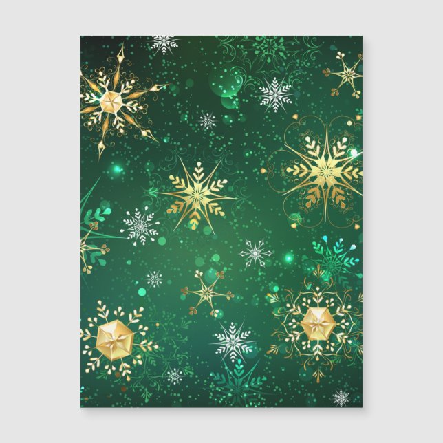 Goldene Schneeflocken im grünen Hintergrund Magnetkarte (Vorderseite)
