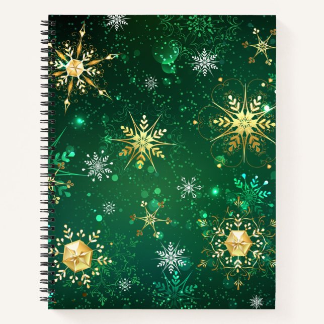 Goldene Schneeflocken im grünen Hintergrund Notizbuch (Vorderseite)