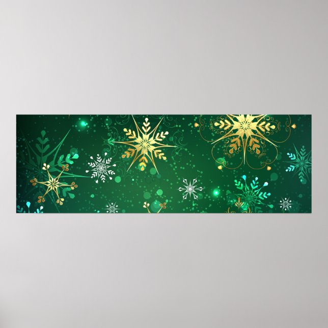 Goldene Schneeflocken im grünen Hintergrund Poster (Vorne)