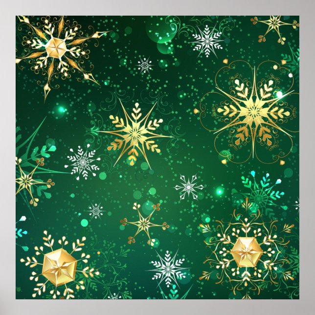 Goldene Schneeflocken im grünen Hintergrund Poster (Vorne)