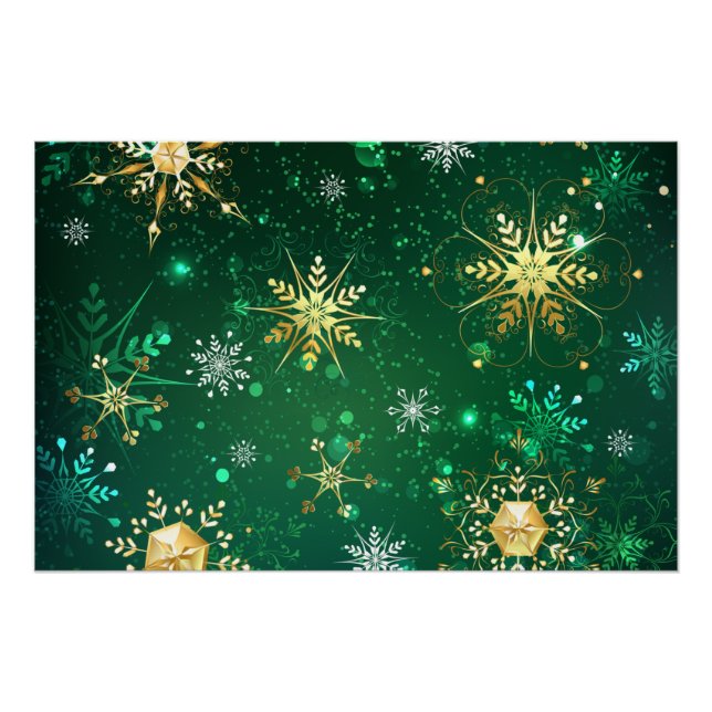 Goldene Schneeflocken im grünen Hintergrund Poster (Vorderseite)