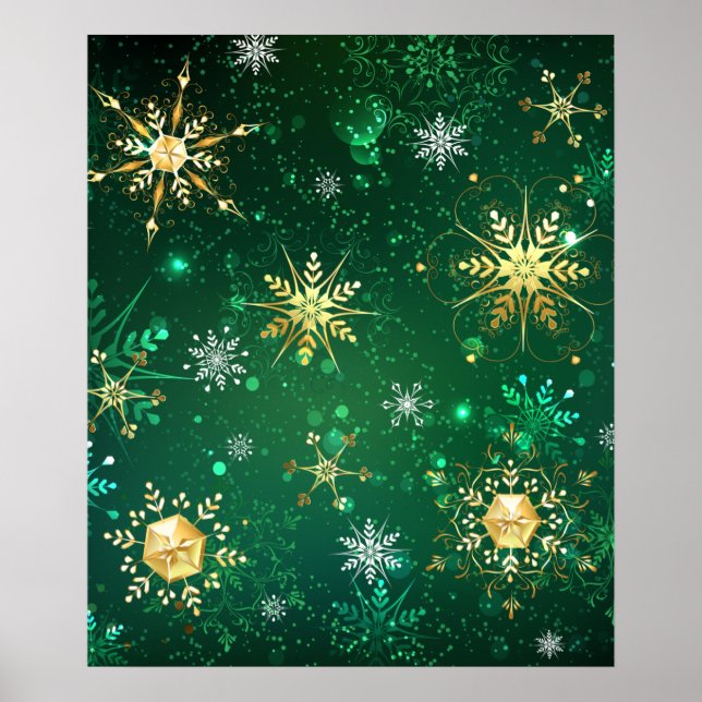 Goldene Schneeflocken im grünen Hintergrund Poster (Vorne)