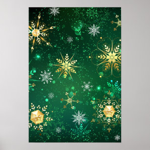 Goldene Schneeflocken im grünen Hintergrund Poster