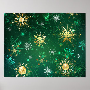 Goldene Schneeflocken im grünen Hintergrund Poster