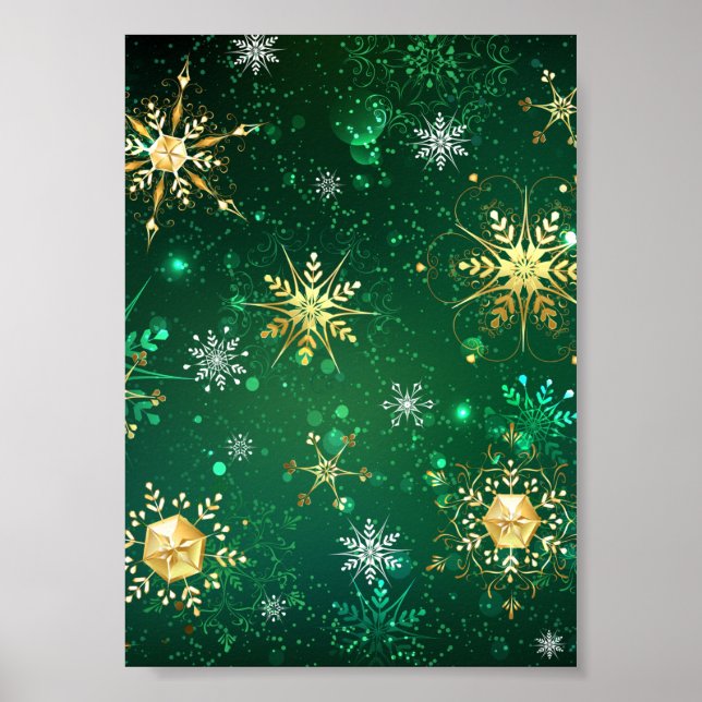 Goldene Schneeflocken im grünen Hintergrund Poster (Vorne)