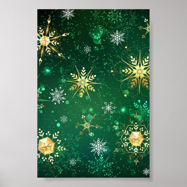 Goldene Schneeflocken im grünen Hintergrund Poster (Vorne)