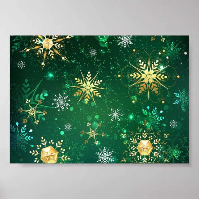 Goldene Schneeflocken im grünen Hintergrund Poster (Vorne)