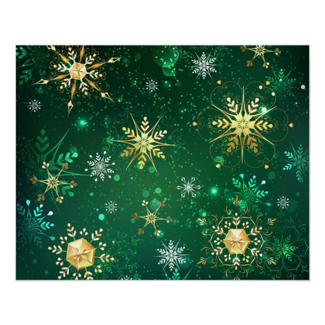 Goldene Schneeflocken im grünen Hintergrund Poster (Vorderseite)