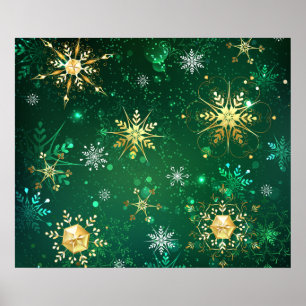 Goldene Schneeflocken im grünen Hintergrund Poster