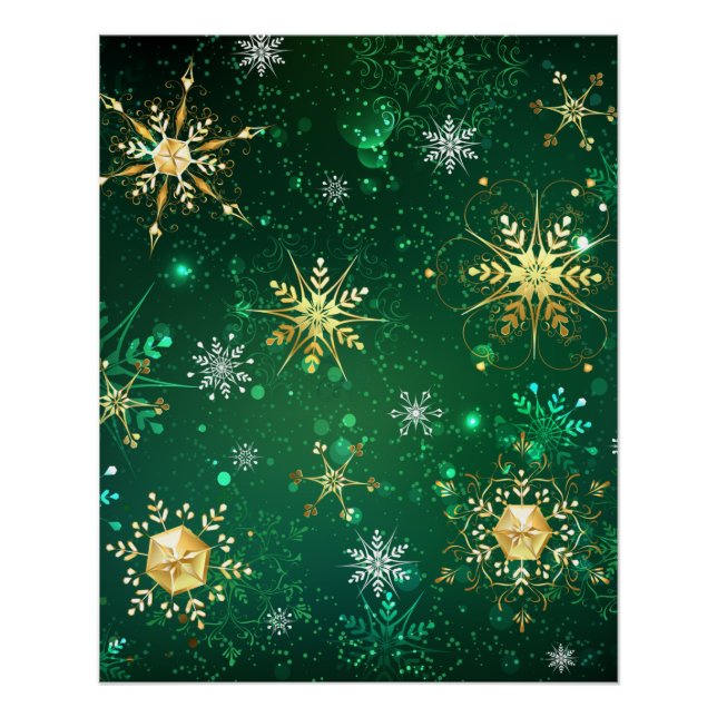 Goldene Schneeflocken im grünen Hintergrund Poster (Vorderseite)