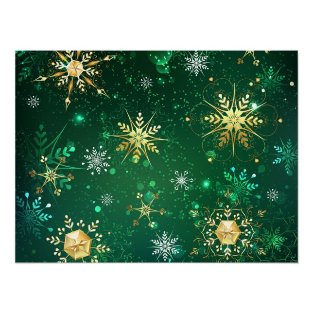 Goldene Schneeflocken im grünen Hintergrund Poster (Vorderseite)