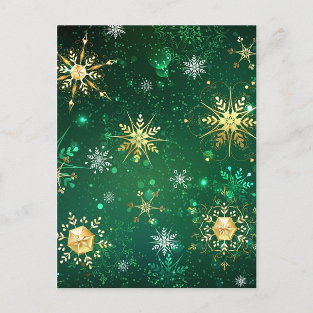 Goldene Schneeflocken im grünen Hintergrund Postkarte (Vorderseite)
