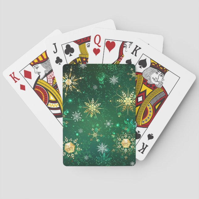 Goldene Schneeflocken im grünen Hintergrund Spielkarten (Rückseite)