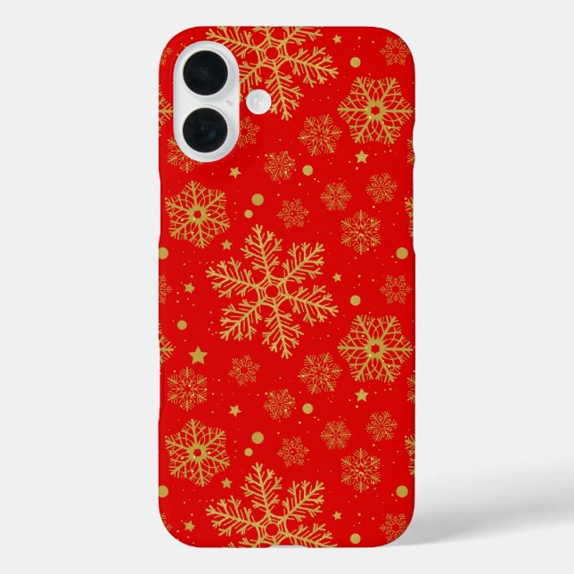Goldene Schneeflocken in Rot iPhone 16 Plus Hülle (Rückseite)