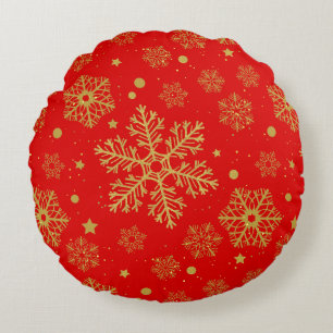 Goldene Schneeflocken in Rot Rundes Kissen