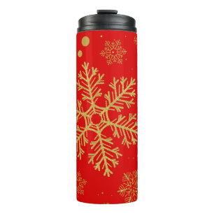 Goldene Schneeflocken in Rot Thermosbecher
