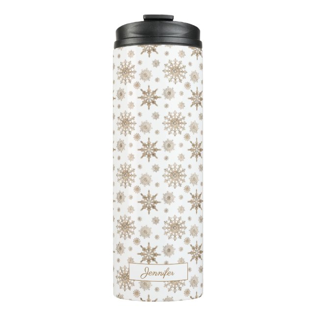 Goldene Schneeflocken Muster & Individuelle Name Thermosbecher (Vorderseite)