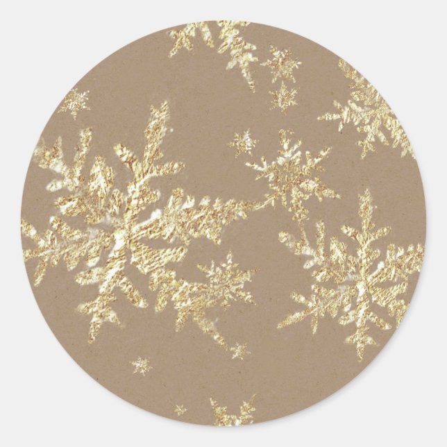 Goldene Schneeflocken Rustikale Kraft Brown Runder Aufkleber (Vorderseite)