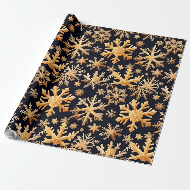 Goldene Schneeflocken und schwarze Hintergrundfarb Geschenkpapier (Ungerollt)