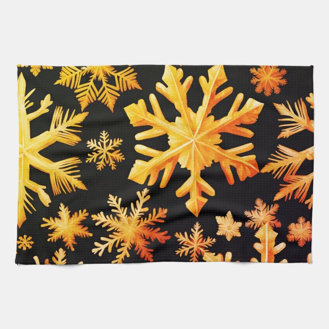 Goldene Schneeflocken und schwarze Hintergrundfarb Geschirrtuch (Horizontal)