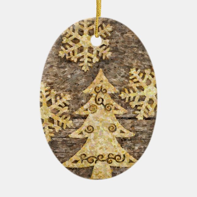 Goldene Schneeflocken und Weihnachtsbaum Keramikornament (Vorne)