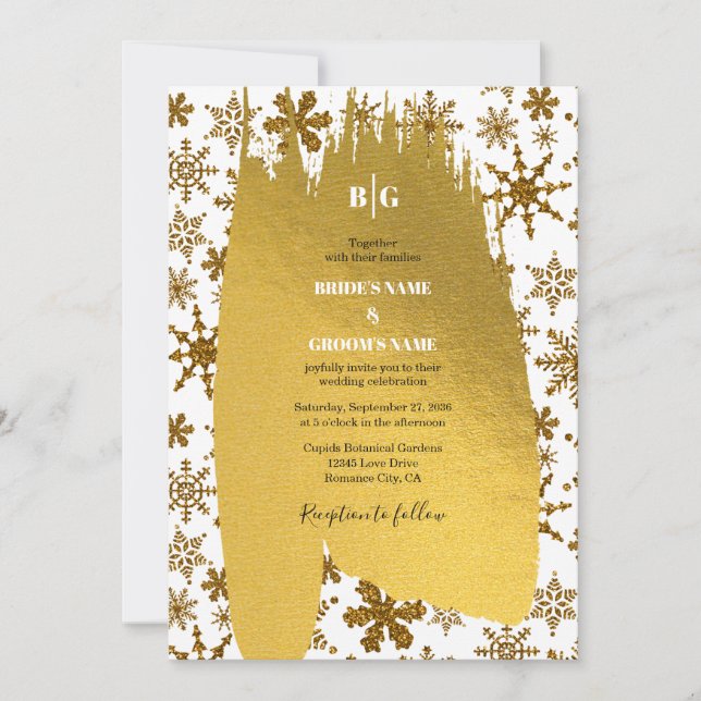 Goldene Schneeflocken Weihnachten Hochzeit Einladung (Vorderseite)