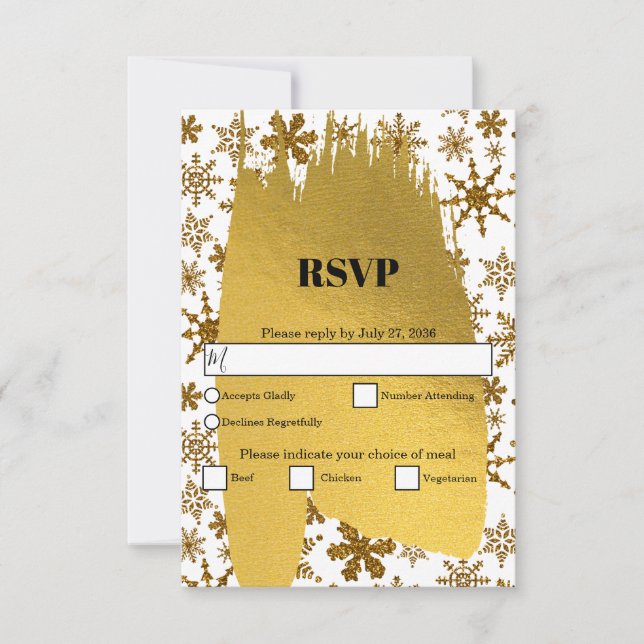 Goldene Schneeflocken Weihnachten Hochzeit RSVP Karte (Vorderseite)