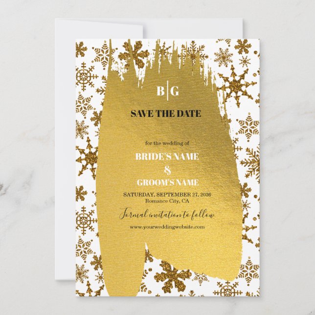 Goldene Schneeflocken Weihnachten Hochzeit Save The Date (Vorderseite)