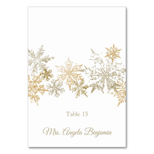 Goldene Schneeflocken Winter Hochzeit Elegante Pla Tischnummer (Vorderseite)