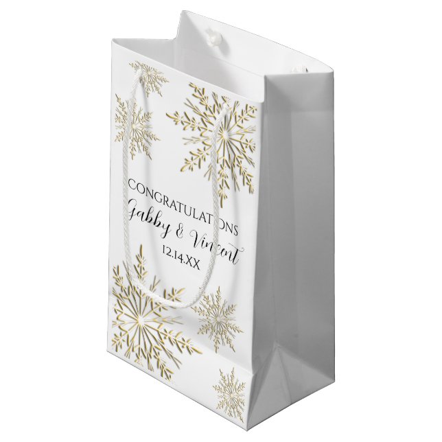Goldene Schneeflocken Winter Hochzeit Herzlichen G Kleine Geschenktüte (Vorderseite Schrägansicht)