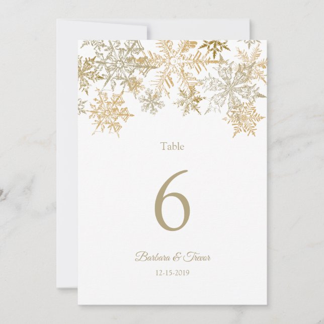 Goldene Schneeflocken Winter Hochzeiten Tischnumme Einladung (Vorderseite)