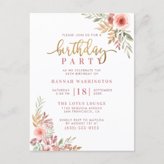 Goldene Schrift und Watercolor Floral Geburtstagsp Einladungspostkarte