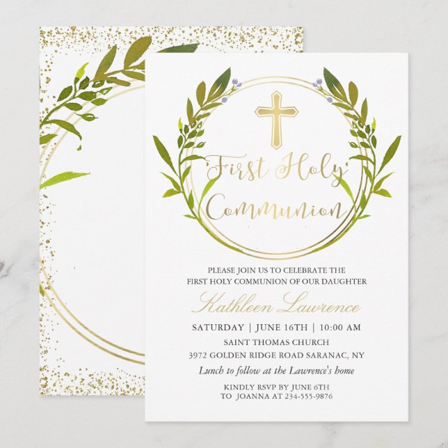 Goldene Schrift Wreath Erste Heilige Kommune Einladung (Vorne/Hinten)