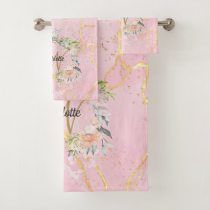 Goldene Schriftmonogramm Rosa Geode Achat Floral Badhandtuch Set