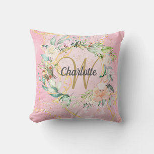 Goldene Schriftzug-Monogramm Florales Rosa Geode A Kissen