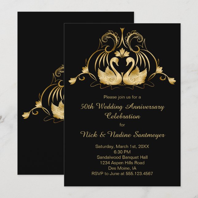 Goldene Schwäne 50. Hochzeitstag Einladung (Vorne/Hinten)