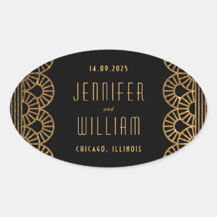 Goldene schwarze Art Deco Hochzeitsaufkleber Ovaler Aufkleber