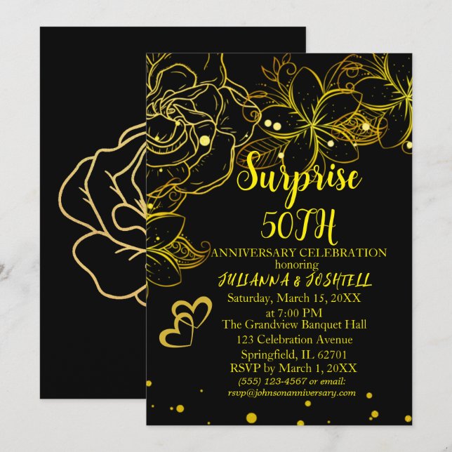 Goldene schwarze Flora Überraschung 50. Goldenes J Einladung (Vorne/Hinten)