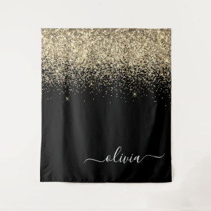 Goldene schwarze Glitter-Initialen Schriftzug Name Wandteppich