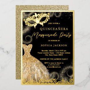 Goldene schwarze Maskerade-Party Quinceanera Folieneinladung