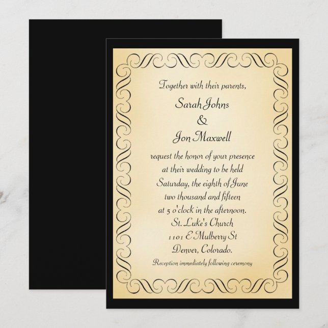 Goldene schwarze Rahmenhochzeit Einladung (Vorne/Hinten)