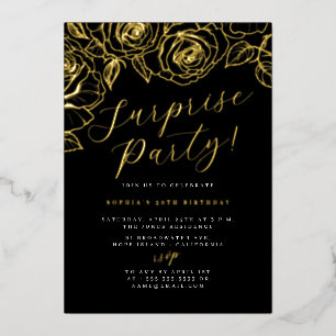 Goldene schwarze Schrift Floral Überraschungsparty Folieneinladung