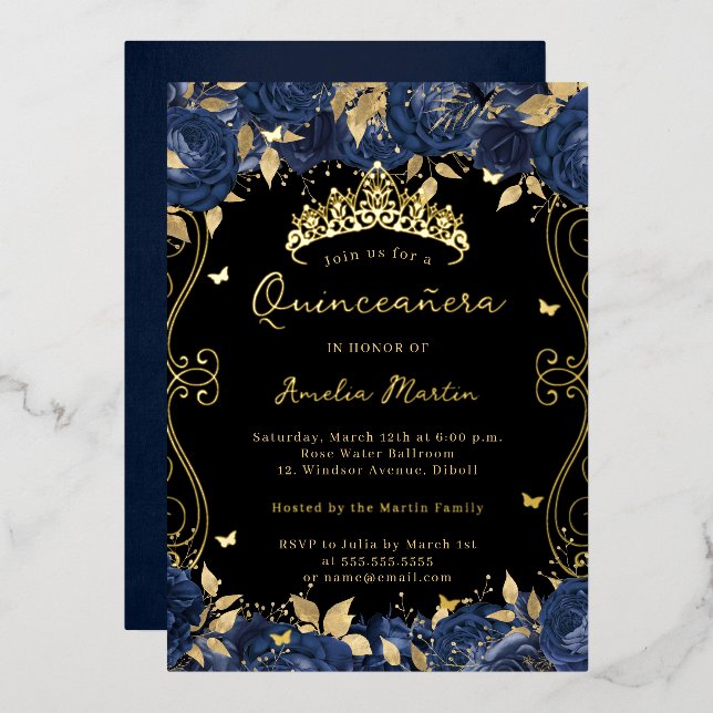 Goldene schwarze Scroll Bläserne Quinceanera Folieneinladung (Vorderseite/Rückseite)
