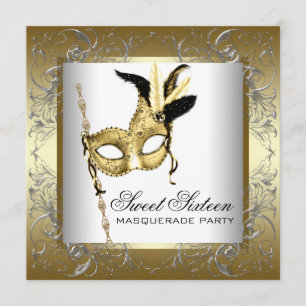 Goldene schwarze weiße süße Sechzehn-Masquerade-Pa Einladung