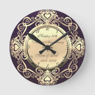 Goldene Schwirbel Herzen Diamant Violett 50. Hochz Runde Wanduhr