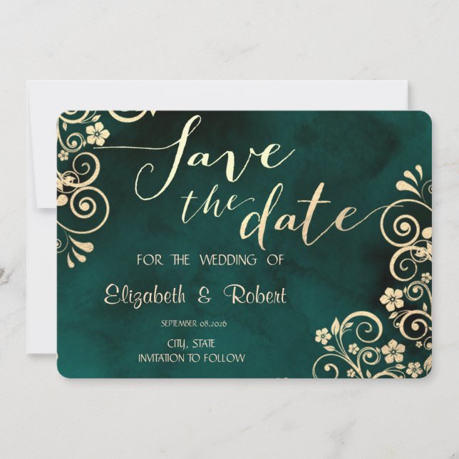 Goldene Schwünge Smaragdgrüne Hochzeit Termin vorm Save The Date (Vorderseite)